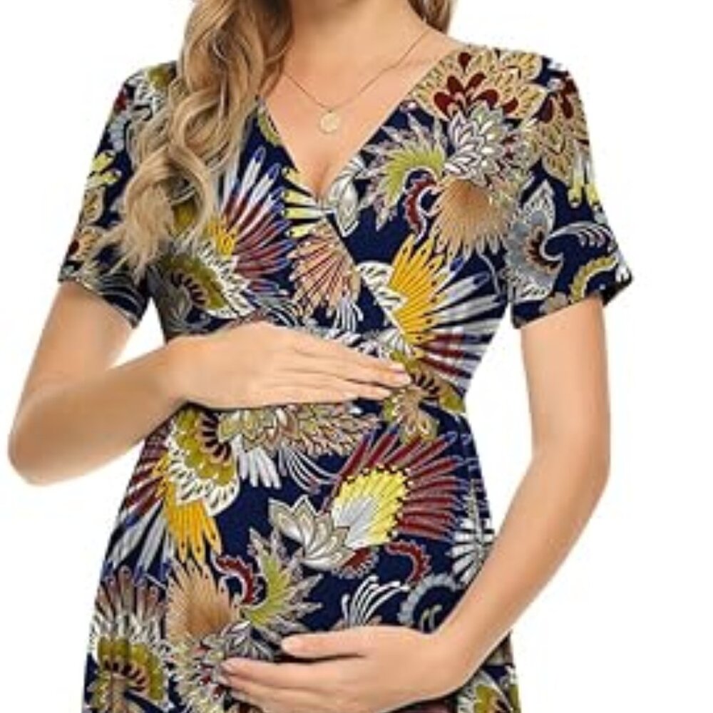 Maxi Dress Short Sleeve Cross Wrap Ruched Maternity Baby Shower Pregnancy NEW - Picture 4 of 12